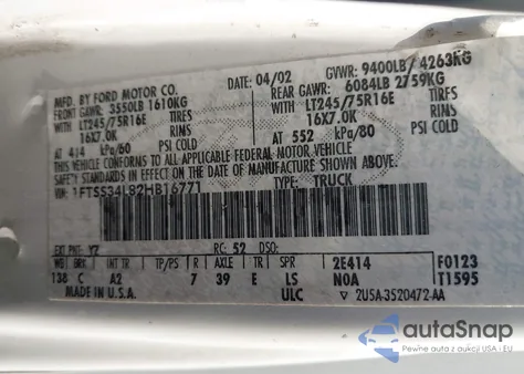 2002 Ford E-350 Super Duty Commercial/Recreational из США, поврежденный, VIN 1FTSS34L82HB16771